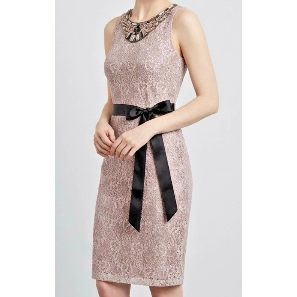 Lovely by Adrianna Papell Womens Sz 4 Dress Jewel Bib Neckline Mauve Lace Lined
